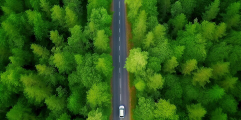 Aerial view asphalt road and green forest, Forest road going through forest with car adventure view from above, Ecosystem and ecology healthy environment concepts and background.