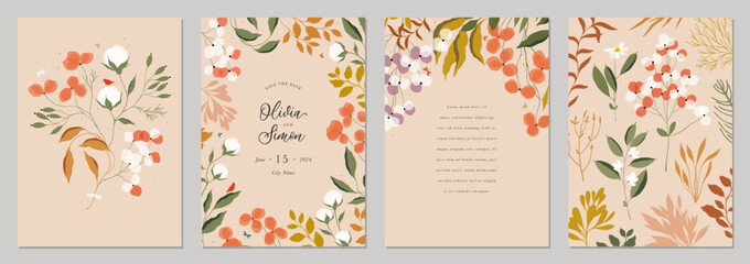 Wall Mural - Universal floral art templates. Flowers, birds, bugs, leaves and twigs. For wedding invitation, birthday and Mothers Day cards, flyer, poster, banner, brochure, email header, post in social networks.