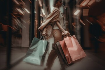 Canvas Print - A symbolic shopoholic woman with extra hands walking down a street holding shopping bags with her four arms. AI generative image.