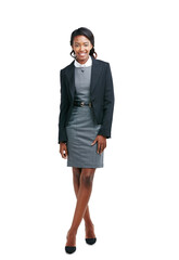 Business woman, professional and portrait of a entrepreneur ready for work with corporate fashion. African female worker or employee with smile and happiness isolated on a transparent, png background