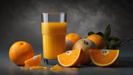 Wall Mural - Orange juice, created to order, with a neutral gray backdrop. Generative AI