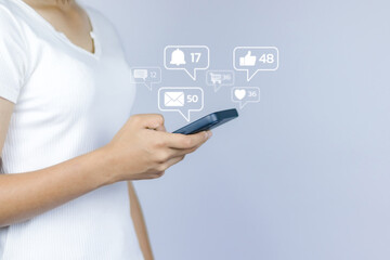 Wall Mural - digital marketing business woman using device smartphone on technology communication social media network online with like share chat comment post friend in commercial multimedia social network