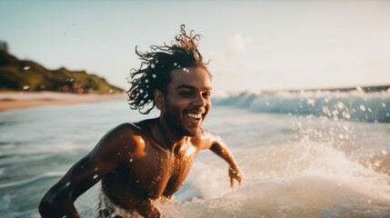 Canvas Print - A happy man is running through the water. AI generative image.