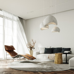 Modern white interior with brown leather armchair and contemporary lightning. 3D Rendering, 3D Illustration