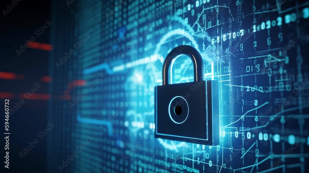 On a futuristic, digital blue grid, a lock sign representing security ...