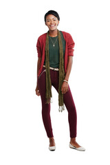 Portrait, happy and black woman standing isolated on transparent png background in casual outfit. Female person with confidence, happiness and good mood for fashionable clothes, pride and empowerment