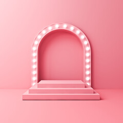 Aufkleber - Blank pink rectangle podium pedestal stage or product presentation platform with glowing retro white neon light bulbs on pink pastel color wall background with shadow minimal conceptual 3D rendering