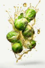 Wall Mural - Levitation brussels sprouts with drops of water splash, isolated on white background, organic healthy, flying food, AI generative