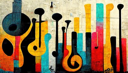 Generative AI, Street art with keys and musical instruments silhouettes. Ink colorful graffiti art on a textured paper vintage background, inspired by Banksy	
