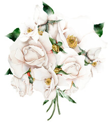 Vintage bouquet collage of large white roses watercolor illustration