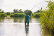 A fisherman using a fishing rod to catch carp in the river while standing in the water. A fisherman among the reeds stands in the river in rubber boots to cast a fishing rod, carp fishing.