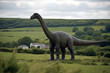 Brontosaurus Roaming Dinosaur Through Rural Countryside. Generative AI