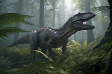 Dinosaur Allosaurus Lurking In Dense Forest. Generative AI