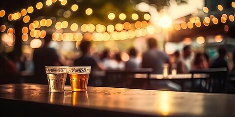 Bokeh background of Street Bar beer restaurant, outdoor in asia, People sit chill out and hang out dinner and listen to music together in Avenue, Happy life. generative AI