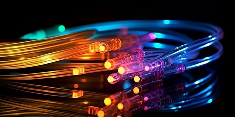 colored electric cables and led. optical fiber, intense colors, background for technology image and new business trends Finest generative AI.