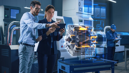 Aufkleber - Factory Office Facility: Chief Engineer Holds Tablet Computer, Shows Augmented Reality Model of an Electric Generator to a Female Project Manager. Industry 4.0 Research and Development Center.