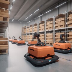 Poster - Automated Robot Carriers And Robotic Arm In Smart Distribution Warehouse. generative ai