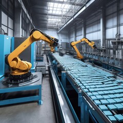 Poster - Robotic arm and steel conveyor in assembly manufacturing factory. generative ai