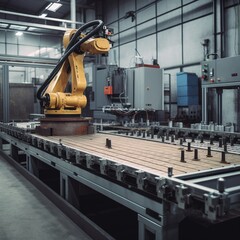 Poster - Robotic arm and steel conveyor in assembly manufacturing factory. generative ai