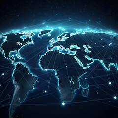 Poster - Blue hologram particle world map and network communication. generative ai