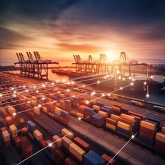 Poster - smart Logistics and Warehouse Technology concept, data location tracking freight shipment delivery, Container ship at port, Global business logistics import export transportation. generative ai