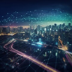 Poster - smart city of Futuristic technology internet and big data 5g connection. Technology digital data network connection abstract background. generative ai