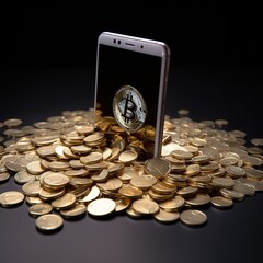 Poster - Bitcoin cryptocurrency with pile of coins come out from smartphone. generative ai
