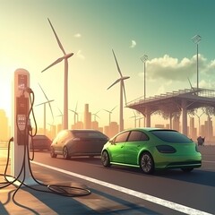 Sticker - wind turbine and EV car, future energy infrastructure. Electric vehicle being charged at charging station . generative ai