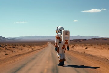 Wall Mural - A hitchhiking astronaut on a lonely road created with generative AI technology.