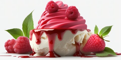 Wall Mural - Yummy raspberry dessert topped with vanilla whipped cream. Artificial intelligence-generated Generative AI