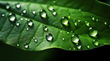 Large Beautiful Drops Of Transparent Rain Water On A Green Leaf Macro. Drops Of Dew In The Morning Glow In The Sun. Beautiful Leaf Texture In Nature. Natural Background. Generative AI