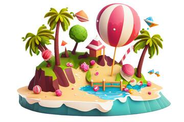Wall Mural - 3d illustration landscape sea beach tropical island with palm trees and coconut travel vacation tourist summer holiday idea concept, isolated on white and transparent background, ai generate
