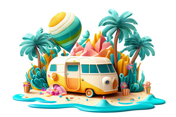 3d illustration van on the beach island travel vacation tourist summer holiday idea concept, isolated on white and transparent background, ai generate