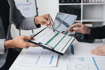Aufkleber - Close up view of investment consultant giving money management plan and advice to his client during th meeting time.