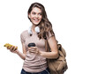© kite_rin - Young beautiful woman with backpack holding smart phone and coffee isolated transparent PNG, Smiling student girl going on travel