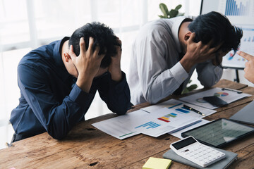 Poster - Stressful business team holding hands on face feeling tired suffering working and long meeting.