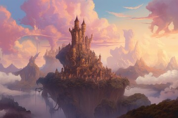 Poster - Fantasy landscape filled with soaring dragons and majestic castles. Generative AI