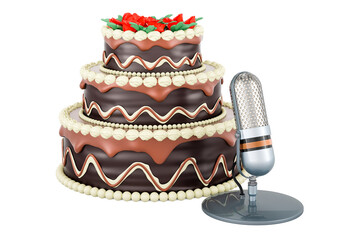 Poster - chocolate cake with microphone, 3d rendering