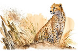 Beautiful cheetah in the African savanna, watercolor illustration generative AI