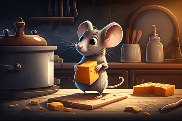 Rat holding cheese ,stands on kitchen's table. Mouse in cartoon art style. Digital illustration generative AI.