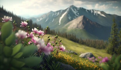 Wall Mural - In the grass, there are flowers. Elevating scenery of the Carpathians. stunning natural scenery, to put it simply. The scenery was just stunning. Generative AI