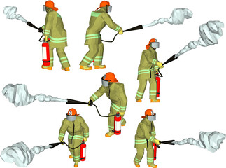 Vector illustration sketch of cartoon firefighter with fire extinguisher