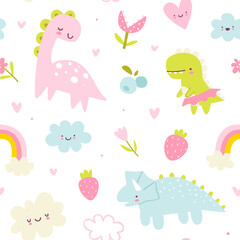 Wall Mural - cute pattern with dino girls. seamless girly print with cute dinosaurs for baby girls textile and fa