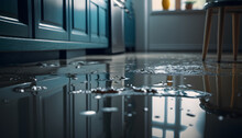 Flooded Floor In Kitchen From Water Leak. Damage , Property Insurance Concept. Generation AI