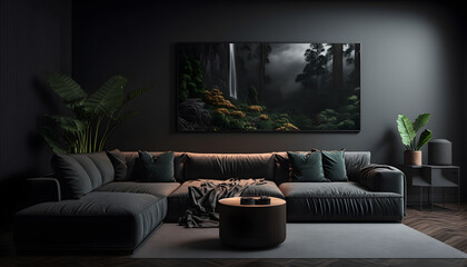 Stylish dark living room interior background, black wall witj green flowers, Scandinavian style. Generation AI