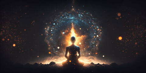 Wall Mural - astral yoga silhouette of human in cosmic space meditate. practicing transcendental spiritual medita