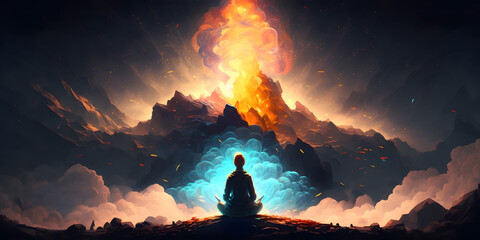 Wall Mural - astral yoga silhouette of human in cosmic space meditate. practicing transcendental spiritual medita