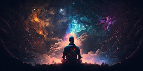 Wall Mural - astral yoga silhouette of human in cosmic space meditate. practicing transcendental spiritual medita