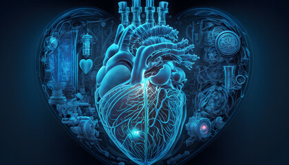 Wall Mural - Abstract image of technological heart with artificial intelligence, cyber man blue banner. Generation AI