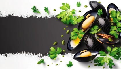 Wall Mural - Succulent mussels with parsley, with room for copy Generative AI